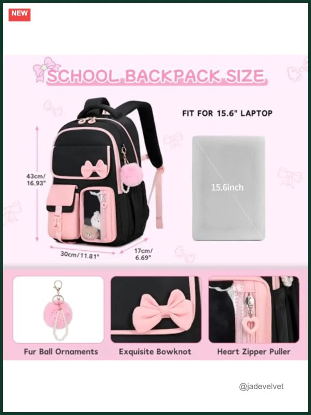 Cute Bow Kids Bookbag, Ergonomic Daypack, Nylon Backpack with Laptop Sleeve
